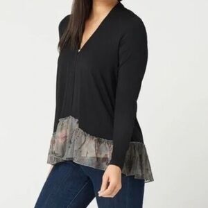 LOGO-LORI GOLDSTEIN Black ruffle hem stetch comfort coastal grandma cardigan L